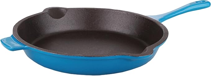 BergHOFF 5Pc Neo Enameled Cast Iron Cookware Set, 3qt. Dutch Oven, Fry Pan 11", Grill Pan 10", Black Slotted Steak Press, Matching Lid,Oven Safe Up To 400°F, Blue