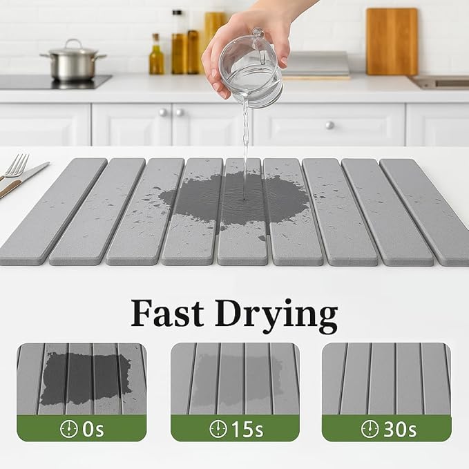 Stone Dish Drying Mat, Collapsible Stone Dish Mat, Super Absorbent Stone Dish Mat, Fast-Drying & Eco-Friendly Stone (24” x 16”) – Minimalist, Durable, & Stylish in light Gray