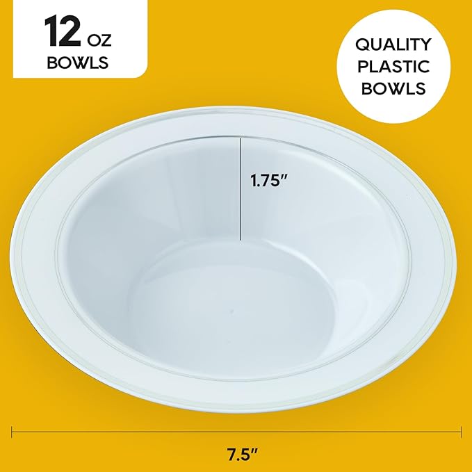 JOLLY PARTY 100PCS Plastic Bowls with Silver Rim-12oz Disposable Soup Bowls, Christmas Thanksgiving Premium Heavy Duty Plastic Dessert Bowls for Wedding/Party, Silver