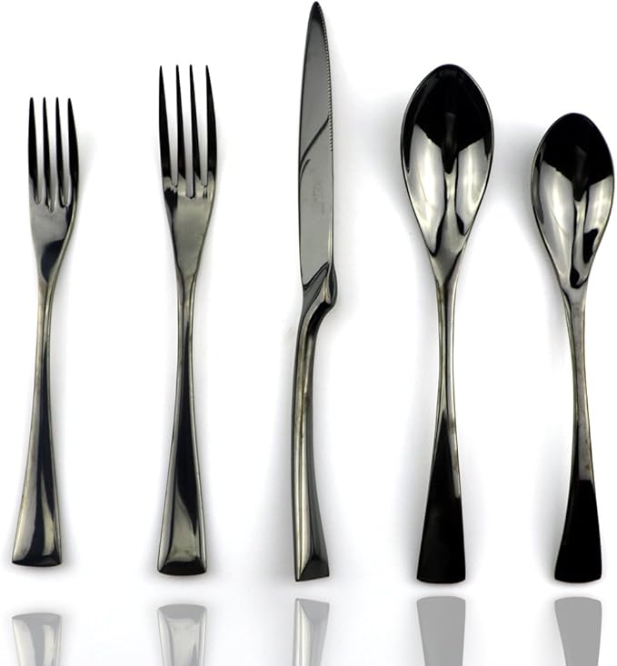 JASHII 18/10 Stainless Steel 20 Piece Mirror Polished Black Flatware Set,Dinner Knife Fork Salad Fork Dessert Spoon，Service for 4 ，Black Utensil Sets