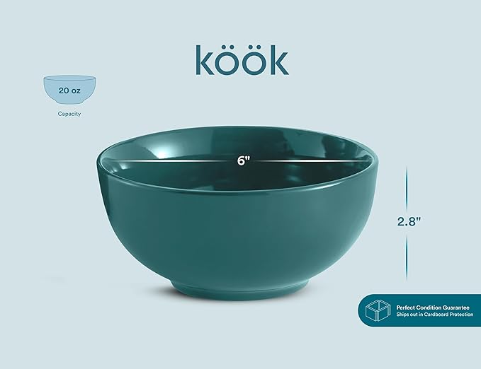 KooK Soup Bowls, Cereal Bowl, Ceramic, Bowls for Kitchen, Microwave, Dishwasher and Freezer Safe, Porcelain Dishes for Pasta, Salad, Oatmeal, Deep Interior, 20 oz, Set of 6, (Teal)