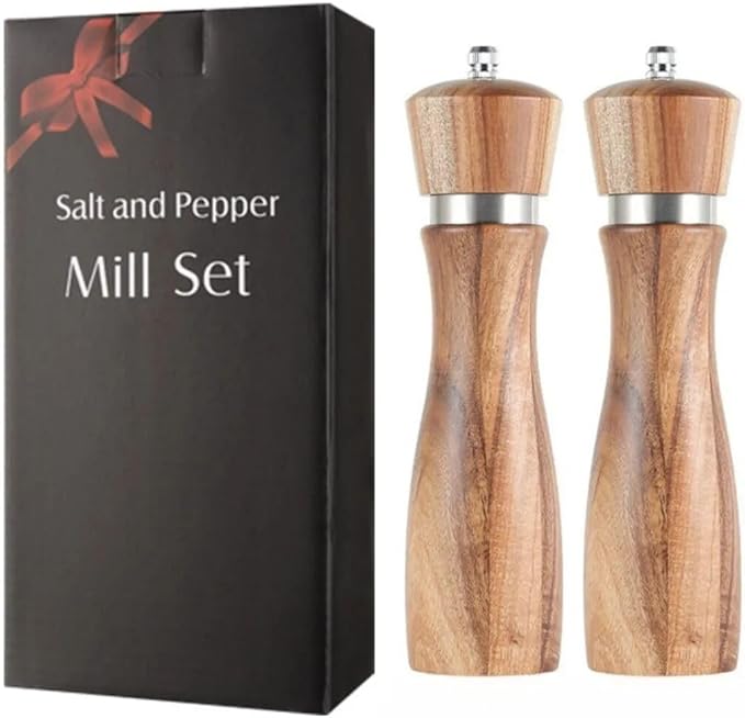 Salt and Pepper Grinder Set, Acacia Wood Salt Shaker with Ceramic/Stainless Steel Core, Modern and Elegant Wooden Salt and Pepper Set(2 Pack) 8 Inches Each