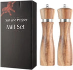 Salt and Pepper Grinder Set, Acacia Wood Salt Shaker with Ceramic/Stainless Steel Core, Modern and Elegant Wooden Salt and Pepper Set(2 Pack) 8 Inches Each