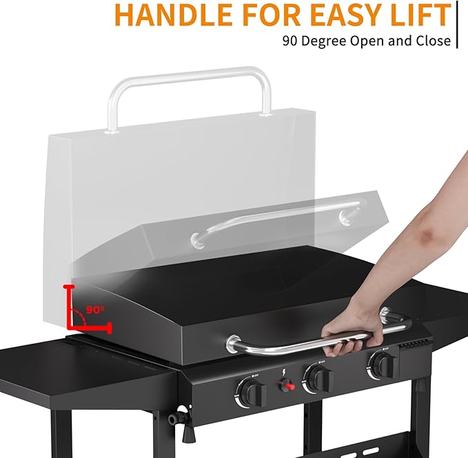 3 Burner BBQ Gas Griddle with Hood, 25.6 Inch Stainless Steel Portable Detachable Propane Griddle, 45,000 BTU Flat Top Barbecue Grill with Lid for Camping