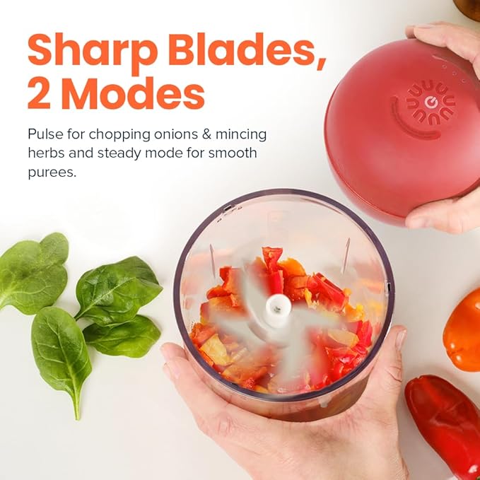 Choppi Cordless Electric Vegetable Chopper & Mini Food Processor for Dicing, Shredding, Mincing, and Puree, Portable and Rechargeable, 2-Cup, 500 mL, 4000 mAh Battery, Cherry Red
