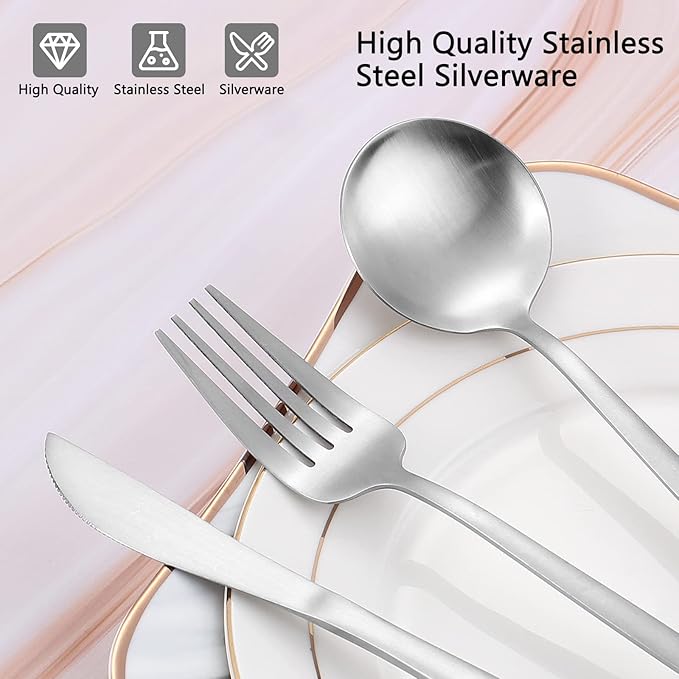 Matte Silverware Set, VANVRO 40-Piece Stainless Steel Flatware Set, Satin Finish tableware Cutlery Set, Service for 8, Home and Restaurant, Dishwasher Safe