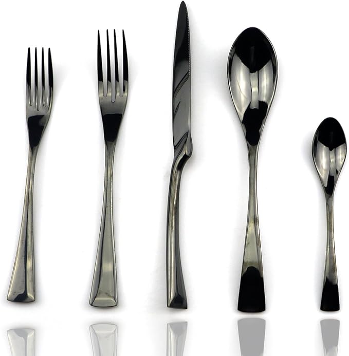 JASHII 18/10 Stainless Steel 20 Piece Mirror Polished Black Flatware Set,Dinner Knife Fork Salad Fork Coffee Spoon，Service for 4 ，Black Utensil Sets
