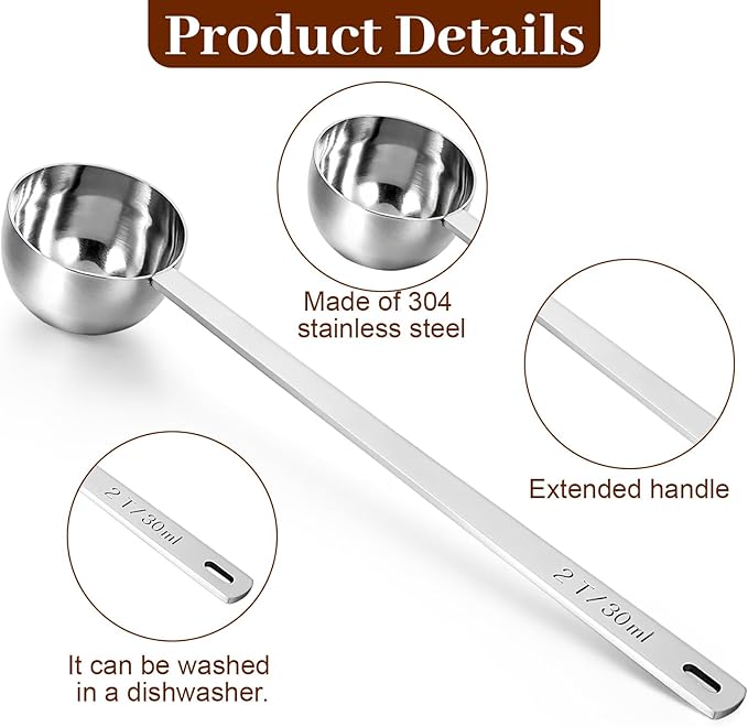 18/8 Stainless Steel Coffee Scoo, Food Grade Metal Measuring Spoon 8.6 In Long Handle 2 Tbsp/ 30ml Metal Scooper Tablespoon for Beans Ground Sugar Powders Protein Powders Sugar