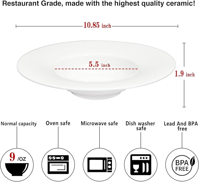 Ceramic Wide Rimmed Soup Plate, Soup Bowl 9 oz, Pasta Bowl Set of 4, White Shallow Bowl Plate with Rim, Best choice for high-end restaurants, hotels, and foodies, 10.85 Inch