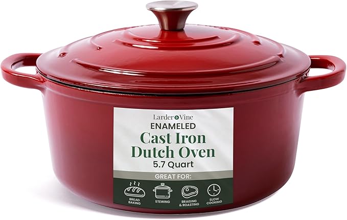 Larder & Vine Enameled Cast Iron Dutch Oven Pot with Lid | Bread Baking | Compatible on All Cooktops & Oven Safe to 500° F | Great for Sourdough Bread | Cabernet