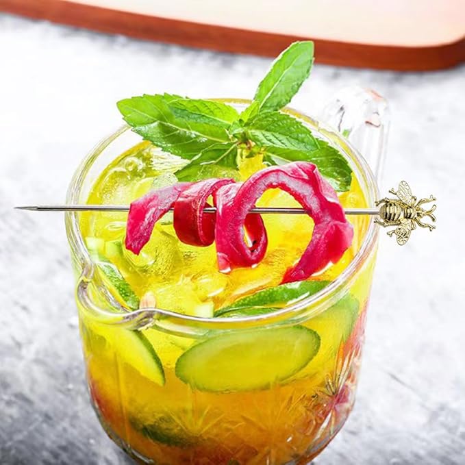 8 PCS bees cocktail Reusable picks，Stainless Steel Cocktail Picks for Appetizers Olives Brandied Cherries Skewers