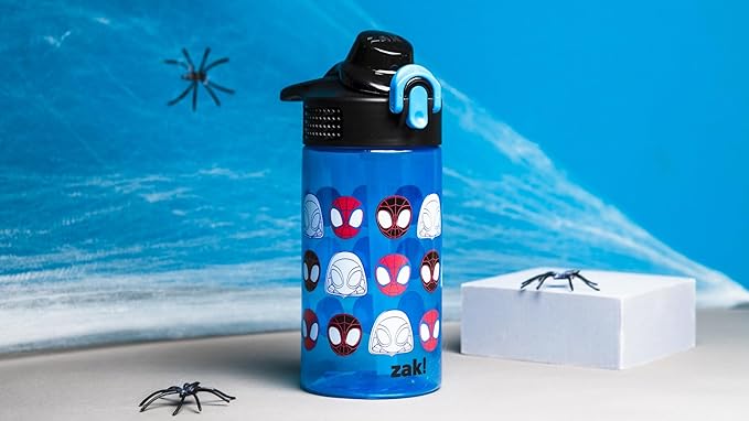 Zak Designs Sage Marvel Spider-Man Water Bottle For School or Travel, 16oz Durable Plastic Water Bottle With Straw, Handle, and Leak-Proof, Pop-Up Spout Cover (Spidey and His Amazing Friends)