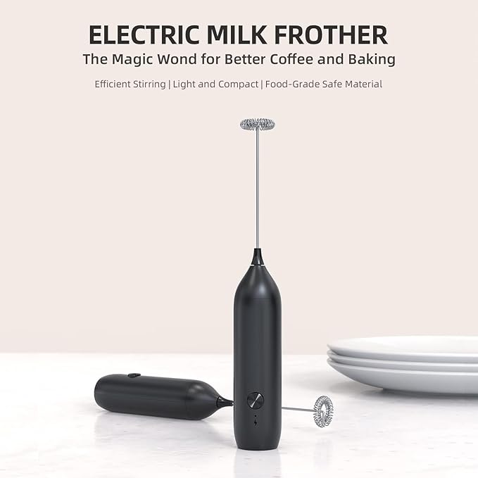 CIRCLE JOY Powerful Milk Frother Handheld with Stand Rechargeable Milk Foamer Electric Mini Drink Mixer for Coffee, Cappuccino, Lattes, Frappe, Matcha and Hot Chocolate, Black