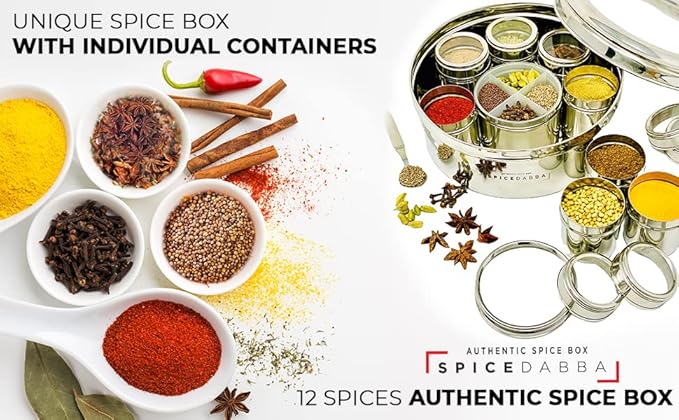 spice dabba Stainless Steel Indian Spice Box,Steel Masala Dabba 12 Spices,Lid Spice Box,Authentic Spices,Masala Box with Individual containers|Size 9 x 9 x 3 IN 3 LB (Indian Spice Box with Spices)