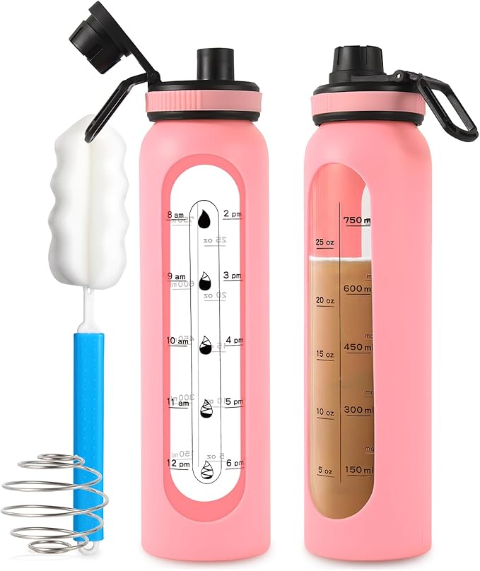 Glass Shaker Bottle 34oz/1L Pink Glass Protein Shaker Bottle With Shaker Ball Large Shaker Bottles for Protein Mixes Portable Powder Mixer Blender Water Bottle for Gym Workout Sports