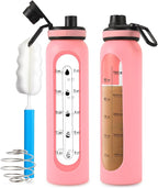 Glass Shaker Bottle 34oz/1L Pink Glass Protein Shaker Bottle With Shaker Ball Large Shaker Bottles for Protein Mixes Portable Powder Mixer Blender Water Bottle for Gym Workout Sports