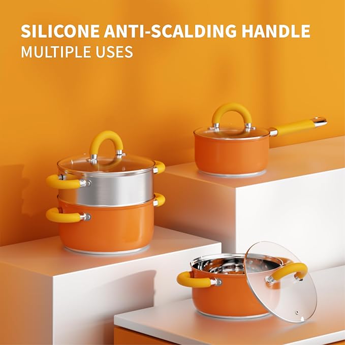 18/8 Stainless Steel Cookware Set, 7 PCS Pots and Pans Set, 4 3 2 QT Pot Pan with Lid and Steamer, Compatible with All Stovetops, Dishwasher Safe