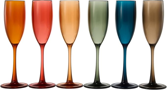 European Style Plastic Acrylic, Champagne Flutes Glasses | Set of 6 | Colored Reusable Toasting Cups 100% Tritan Drinkware, 5 oz Dishwasher Safe BPA-free plastic, Perfect Poolside & Outdoors,