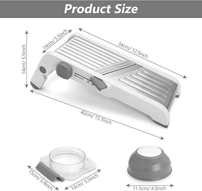 Mandoline Slicer for Kitchen, Adjustable Stainless Steel Mandoline Food Slicer, Onion Potato Cucumber Tomato Carrot Vegetable Fruit Slicer, Mandolin Veggie Cutter with Food Holder, Grey