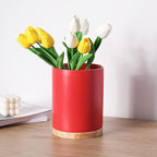 Sweejar Kitchen Utensil Holder with Wooden Bottom, 8.2" Ceramic Utensil Crock to Hold Spatulas for Cooking Countertop, Housewarming, Wedding, Birthday Gift (Red)