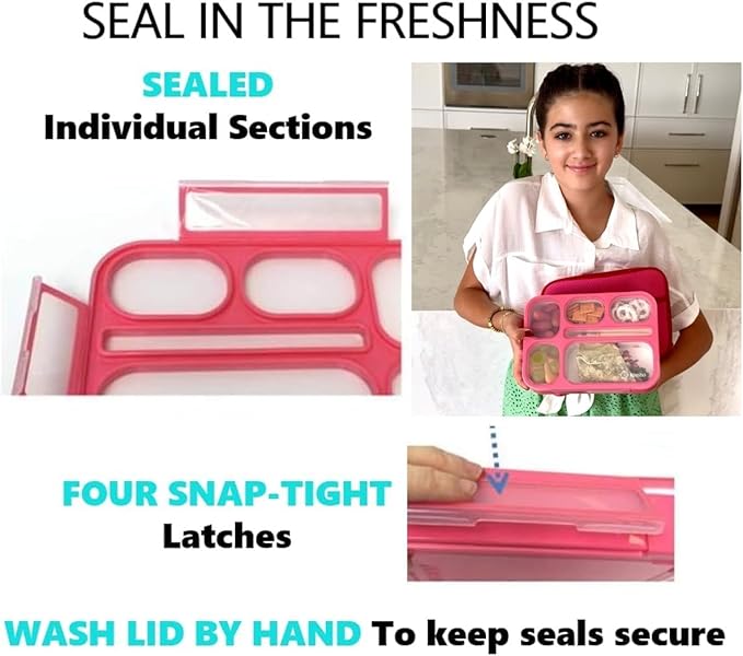 Bento Box with Lunch Bag and Ice Pack Set | Snack Containers Boxes for Kids Girls Adults | 6 Compartments Divided Portion Container Boxes Insulated Bags for School Daycare Lunches, BPA Free, Pink