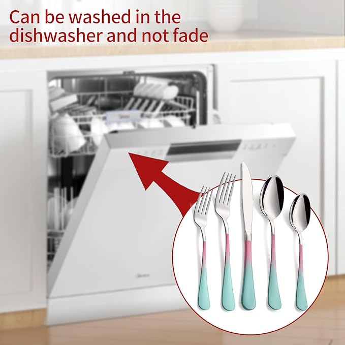 Colorful Silverware Set 20 Piece 18/0 Stainless Steel Flatware Pink and Green Handle Cutlery Set Service for 4 Fork Knife Spoon Set Mirror Finish Dishwasher Safe