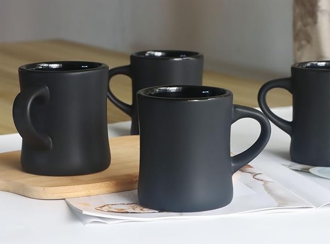 harebe Retro Coffee Mug Set of 4, 10 OZ Heavy Classic Ceramic Diner Cups Set with Handle for Coffee, Tea, Cocoa, Milk, Latte（Black）