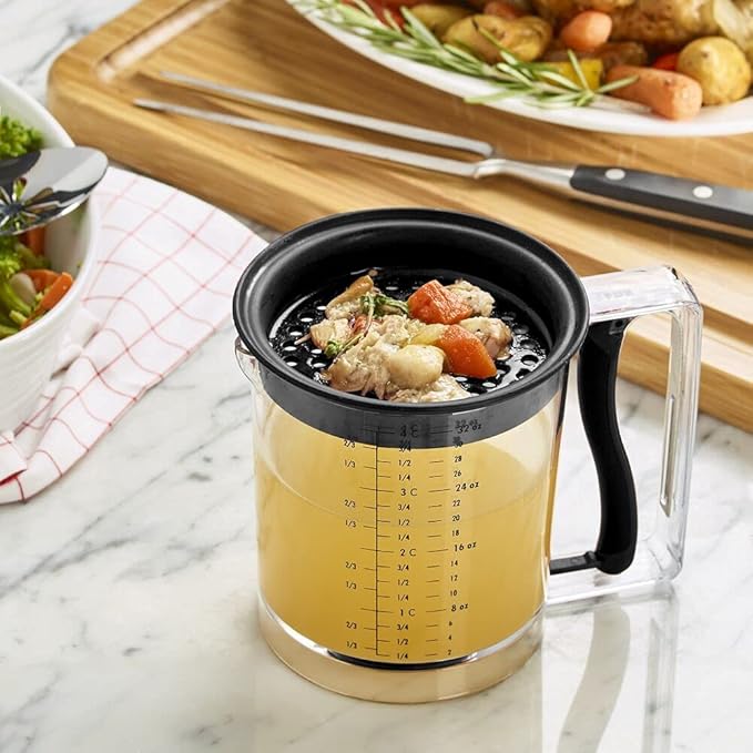 Amco 32oz Grease Separator with Bottom Release - Innovative Design for Mess-Free Pouring, Incremental Measurement Markings for Accuracy - Dishwasher Safe