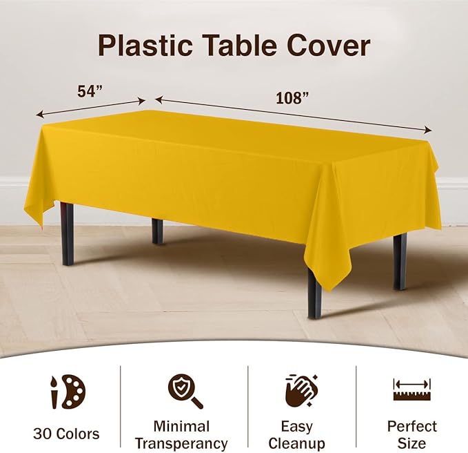 Exquisite 12-Pack Premium Plastic Tablecloth 54in. x 108in. Rectangle Table Cover - Yellow