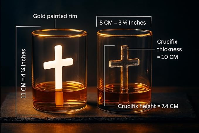 Crucifix Whiskey Glass – Premium Christian Cross Religious Glass, Old Fashioned Glass, Liquor – Luxurious Gold Rim – Home Bar Accessories Ideal for Man Cave, Fun Gift, Christian Gift, Religious Gift