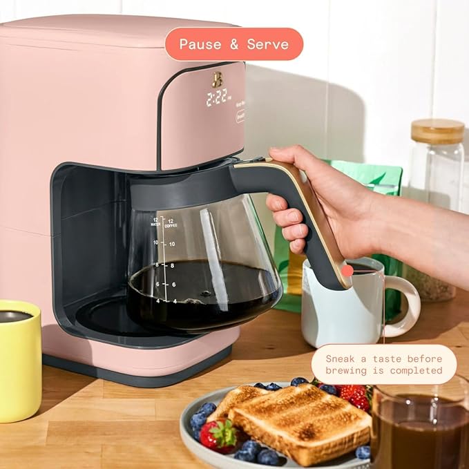 Beautiful 12-Cup Programmable Coffee Maker with Touch-Activated Display, Auto Brew Timer, Reusable Filter & Large Glass Carafe (Rose)