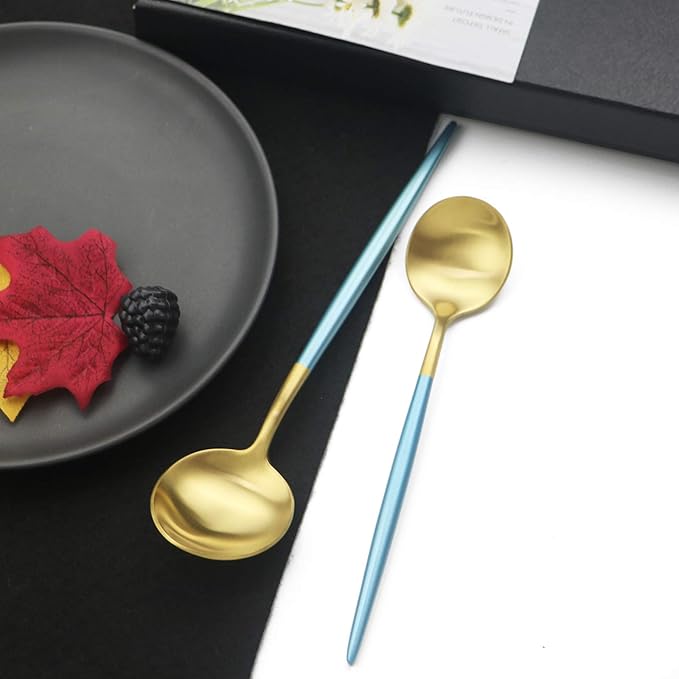 JASHII Luxury 18/10 Blue Handle Flatware Gold Silverware Set 304 Stainless Steel Flatware Cutlery Set| 5-Piece Adaline Royal Modern Satin Finish| BEST Birthday Wedding Gift (Blue Handle Matte Gold)