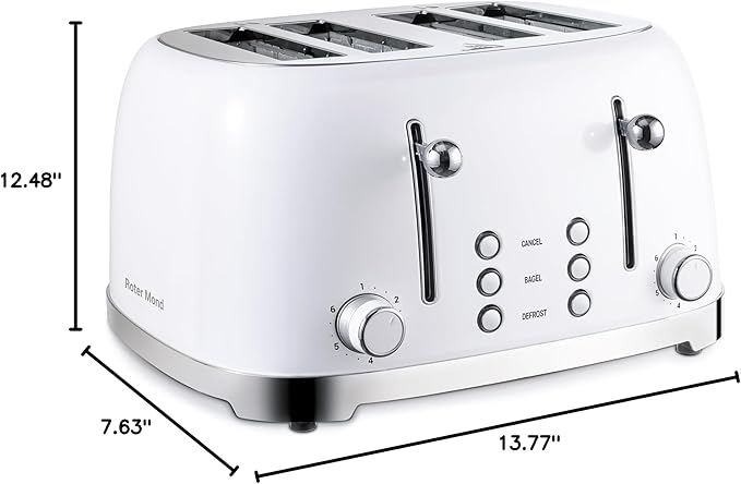 Roter Mond 4 Slice Toaster Retro Stainless Steel with Bagel Defrost Cancel Function, 6 Browning Settings, Extre Wide Slot and Removable Crumb Tray, White, ST033