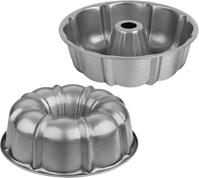 Onader 10 Inch Nonstick Cake Pan, 2 Pack Round Fluted Tube Pans for Baking Pound Cake, 10 Cups Large Capacity Baking Mold, Gray