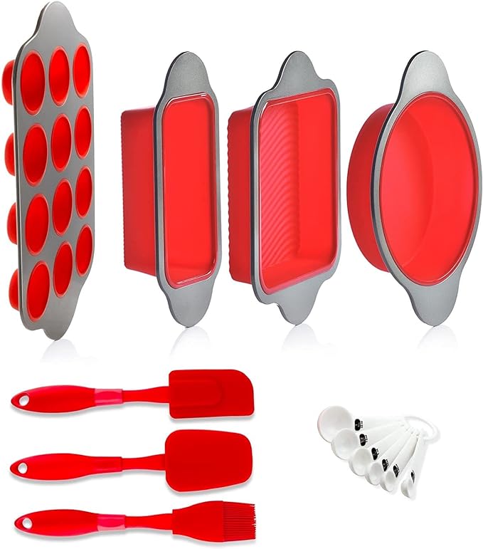 Boxiki Kitchen 13-Piece Non-Stick Silicone Bakeware Set with Cake Pan, Brownie Pan, Loaf Pan, Muffin Mold, Spatulas, Brush, and Measuring Spoons - Oven, Freezer and Dishwasher Safe