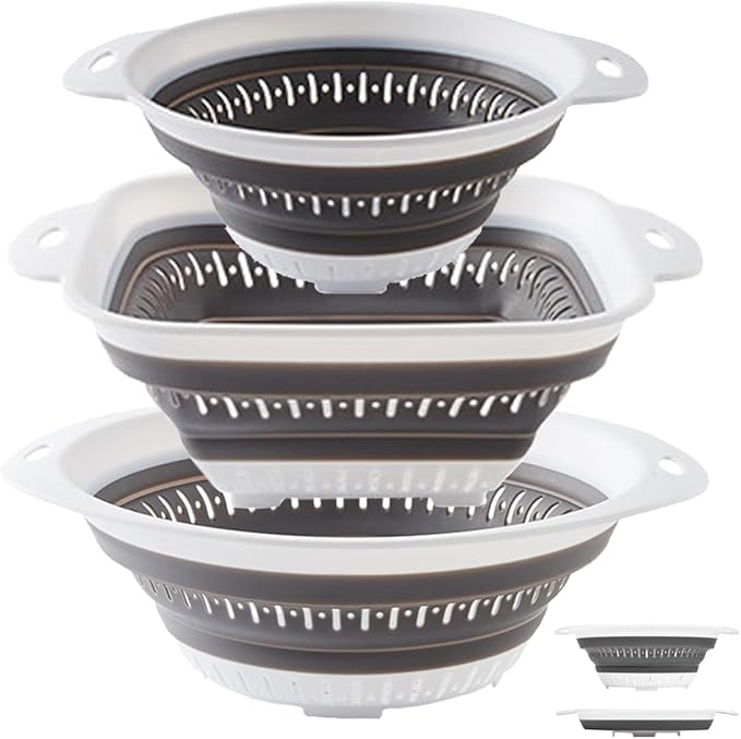 LogFaadCoi 3 Pcs Collapsible Colander and Strainer,Silicone Strainer Colanders & Food Strainers,for Vegetable and Fruit, Kitchen Essentials, white