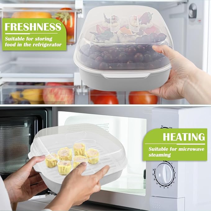 DOERDO Plastic Microwave Steamer for Vegetable, Kitchen Heating Steamer with Lid for Vegetables Seafood Cooking 10.4x8.1 Inch, White