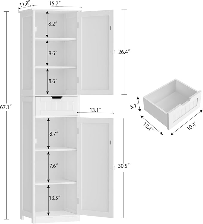 67" H Tall Bathroom Cabinet with 2 Doors & 1 Drawer, Narrow Bathroom Storage Cabinet with Adjustable Shelves, for Living Room, Entryway, Kitchen, White