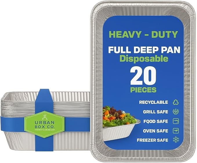 Urban Box Co. Full Size Deep Aluminum Pans (20 pk) - 21x13 inch Steam Table Chafing Pan: Extra Heavy Duty, Disposable Foil Tray for Restaurant. Ideal for Roasting, Cooking, Storing Food (20, No Lid)