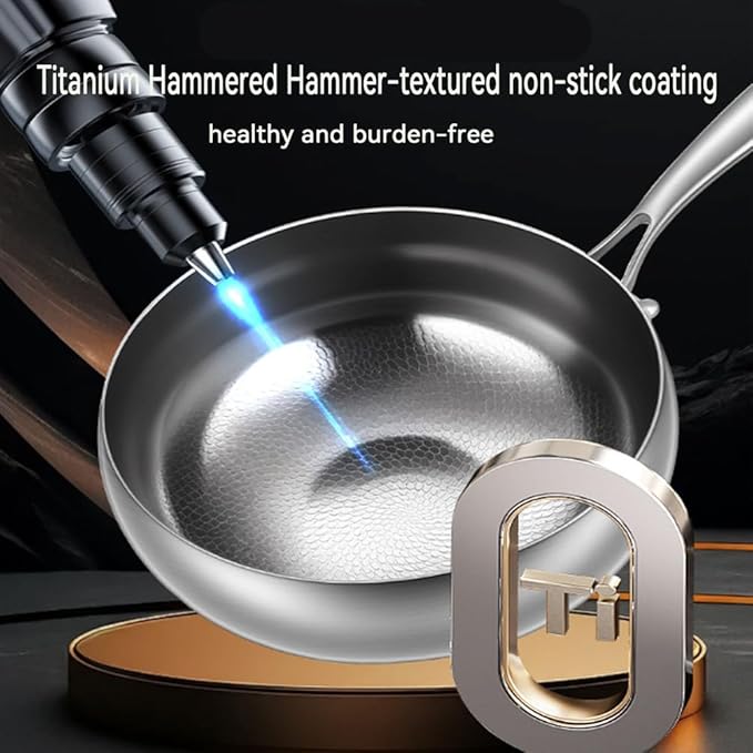 Titanium Hammered Pan with Lid, Thickened Multi-Layer Stock Pot, Titanium Wok Pan, Scratch-Resistant Non Stick Titanium Frying Pans, Even Heating for Cooking,11.02in/Steamer