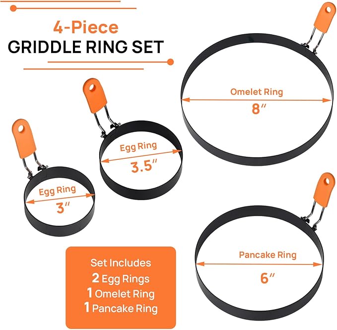 Egg Rings for Griddle Frying Eggs Upgraded 4 Packs, Pancake Shapers with Orange Silicone Handle Non-stick Egg Molds for cooking Breakfast Omelette Sandwiches (3", 3.5", 6", 8")