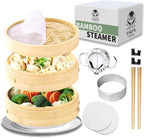 Chef's Palace Bamboo Steamer Basket | 10 Inch 2 Tier Dumpling, Rice and Vegetable Steamer | Chopsticks and Chopsticks Helpers, Silicon Liners, Ring Adapter, Dumpling Helper and Instructions Manual.