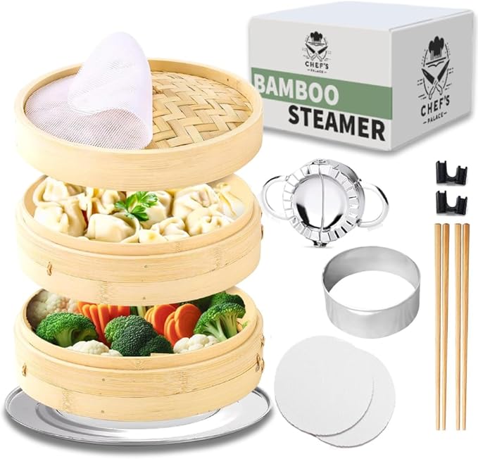 Chef's Palace Bamboo Steamer Basket | 10 Inch 2 Tier Dumpling, Rice and Vegetable Steamer | Chopsticks and Chopsticks Helpers, Silicon Liners, Ring Adapter, Dumpling Helper and Instructions Manual.