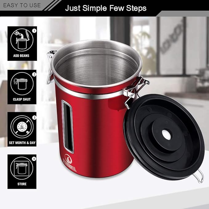 Coffee Canister - Large, Stainless Steel Airtight Coffee Containers with Transparent Window,Date Tracker, CO2-Release Valve and Measuring Scoop for Freshness of Storage Coffee (Red)