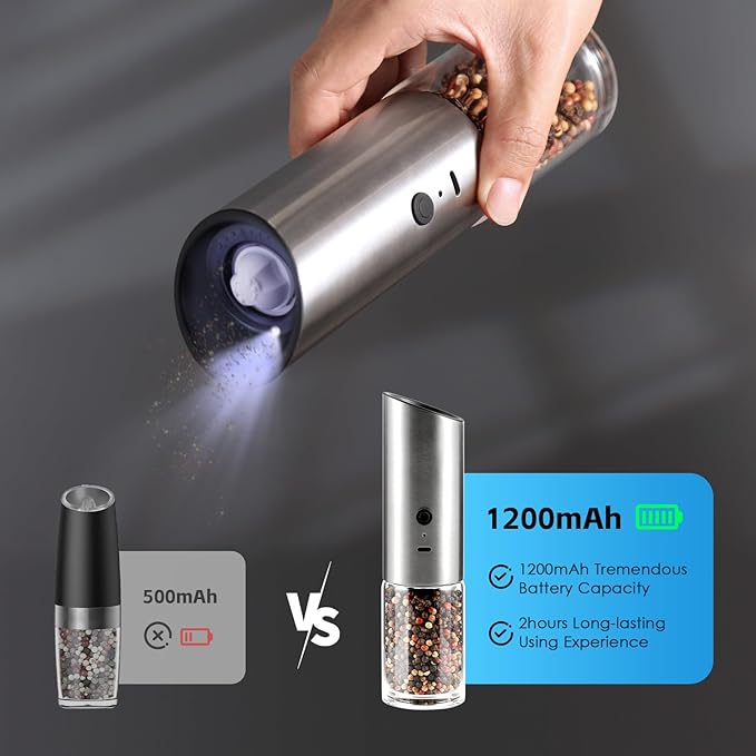 Vzaahu Gravity Electric Pepper and Salt Grinder Set of 2 - Rechargeable, Refillable, Adjustable Coarseness, Stainless Steel Seasalt Peppermill with LED light - One Hand Operation (Sliver)