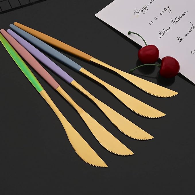 JASHII Flatware Set 24 Piece, Stainless Steel Silverware Set, Macaron Small Fresh Color Cutlery Set, Modern Elegant Tableware Set for Party, Christmas, Dinner (Yellow Gold)