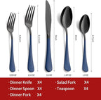 20-Piece Black Silverware Set 18/0 Stainless Steel Flatware Sapphire Blue Handle Cutlery Set Service for 4 Dinner Knives Forks Spoons Set Mirror Finish Dishwasher Safe