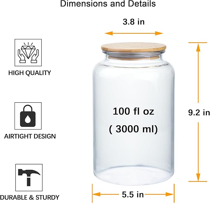 100 FL oz Unbreakable Apothecary Jars with Airtight Bamboo Lids, Thickened Plastic Food Storage Containers, Kitchen Canisters for Storage Flour, Cereal, Dog Food, Cookie, Sugar, etc