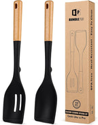 Pack of 2 Large Silicone Cooking Spoons, Heat Resistant Non Stick Kitchen Utensils with Wooden Handle, Ideal for Mixing, Stirring, Serving, Cooking(BLACK)