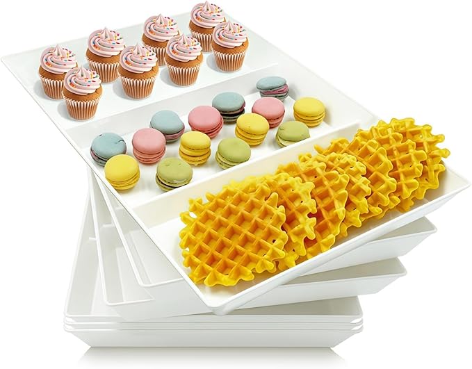 Divided Serving Tray Platter, 6 Pack 15" x 10" Fruit Veggie Food Tray for Party, Plastic Serving Trays for Appetizer, Snack, Dessert, Cookie, Brunch Decorations Platters, White Trays BPA-Free
